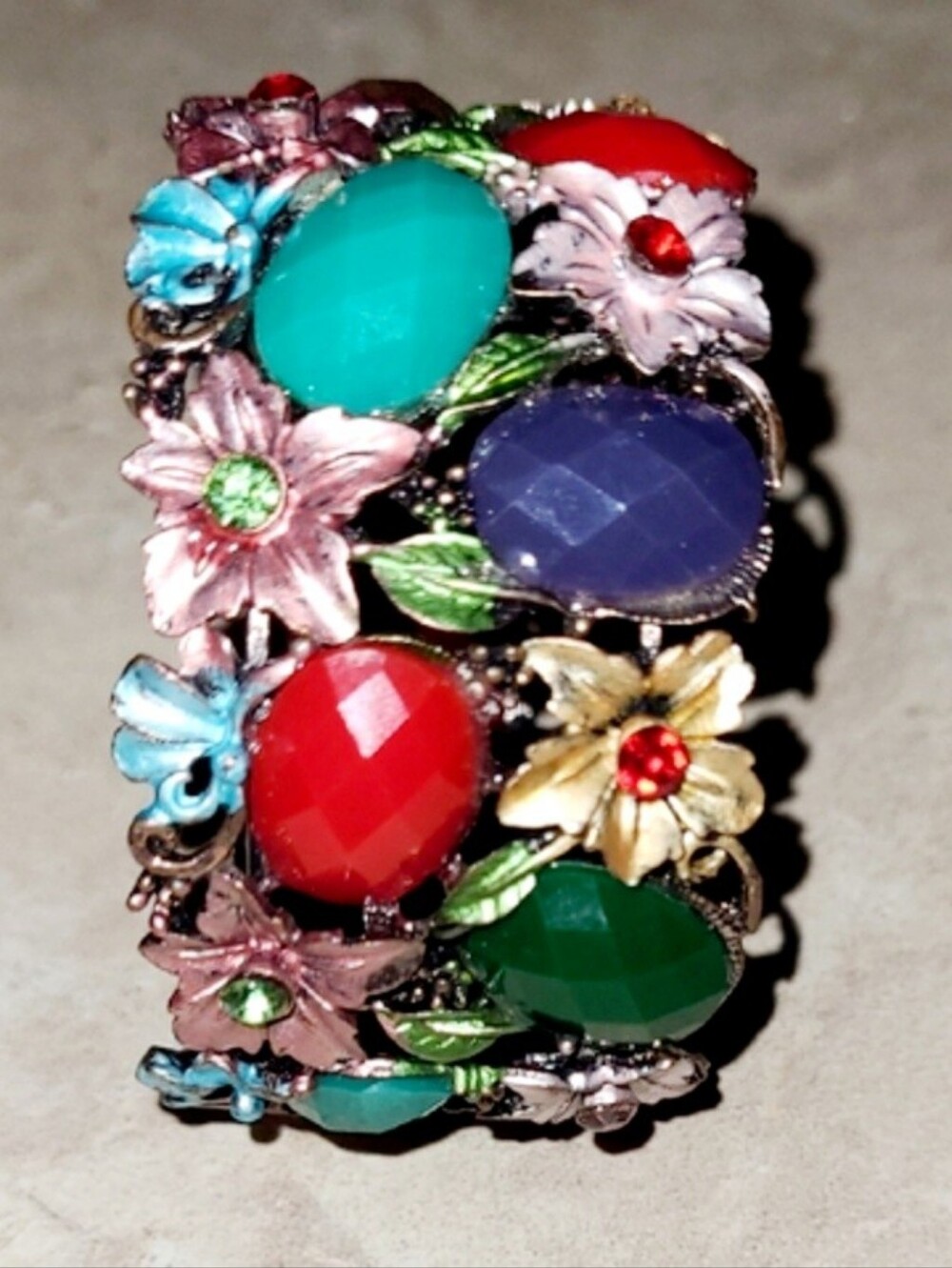 Vintage Style Floral Cuff Bracelet Multicolor Cabochon Statement Boho Wide